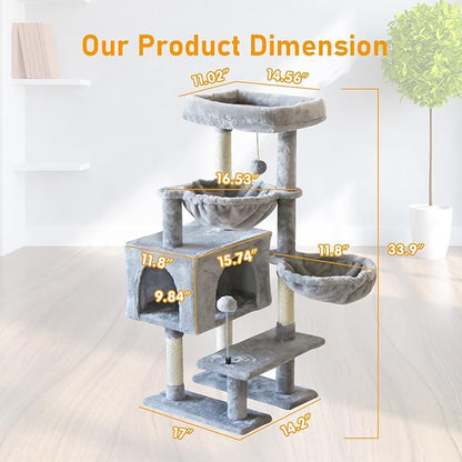 KIYUMI Cat Tree Cat Tower Condo with Sisal Scratching Post for Indoor Cats Cat Tree Cat Furniture with Hammock Perch and Kitten Ball Toys, Multi-Level Pet Activity Center Grey
