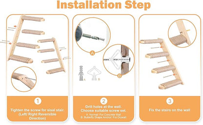 Cat Climbing Stair Shelf, Wall Mounted Ladder 2PCS 4 Steps Reversible Left & Right Direction, for Cats up to 15 Pounds, Cat Stairway with Jute Scratching Ladder Shelves for Kitten Perch Sleeping