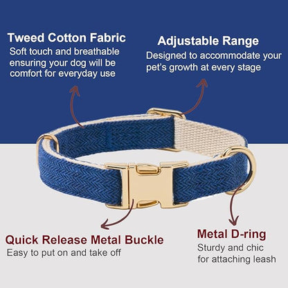 Soft Cotton Hemp Dog Collar with Metal Buckle Adjustable Tweed Dog Collars for Small Medium Large Dogs(Royal Blue,Large)