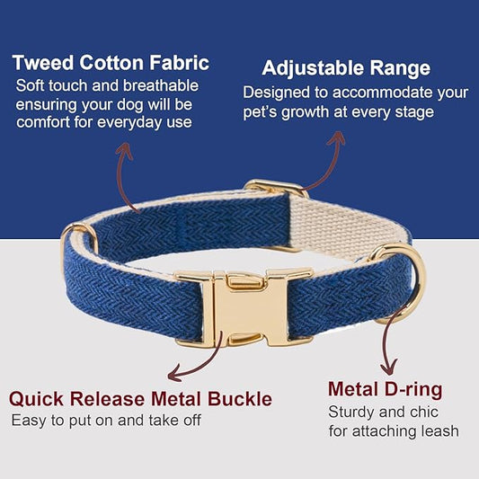 Soft Cotton Hemp Dog Collar with Metal Buckle Adjustable Tweed Dog Collars for Small Medium Large Dogs(Royal Blue,Large)
