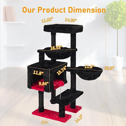 KIYUMI Cat Tree Cat Tower Condo with Sisal Scratching Post for Indoor Cats Cat Tree Cat Furniture with Hammock Perch and Kitten Ball Toys, Multi-Level Pet Activity Center,RedBlack