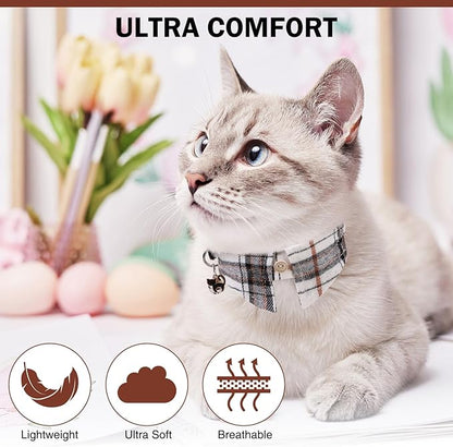 Cat Collar with Bells Breakaway, Bowtie Cat Collar for Boy Girl Cats with Removable Shirt Collar, Cute Plaid Kitten Collar with Bell & Pendant Adjustable, 3 Pack Beige Cat Collars