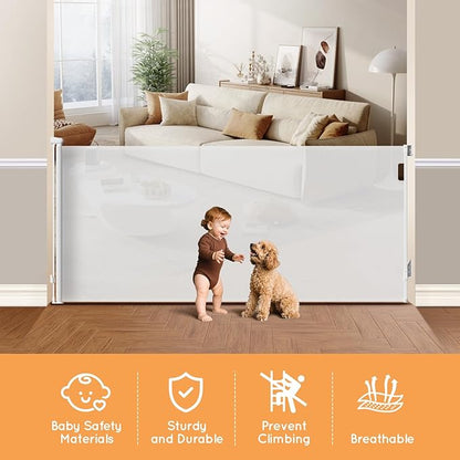 Retractable Baby Gate for Stairs, 71" Wide Mesh Pet Gate, Automatic Tension, One-Hand Operation, 38" Tall Baby Gates for Doorways, Hallways, Deck, Indoor Outdoor, Safe, Easy to Fit, White