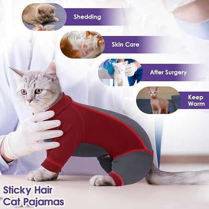 SUNFURA Hair Sticky Cat Clothes, Cat Sweater for Cats Only, 4-Legged Fleece Sweaters Kitten Pajamas Reduce Shedding Fur, Warm Pullover Shirts for Cats, Red M