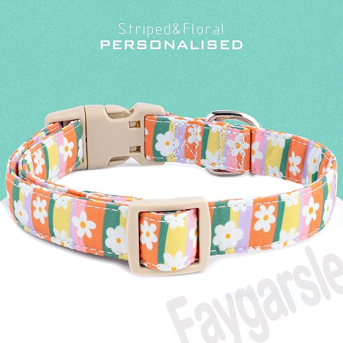 Faygarsle Colorful Floral Dog Collar, Cotton Fabric with Daisy Pattern, Multi-Color Stripes Spring Summer Design for Small Medium Large Dogs L