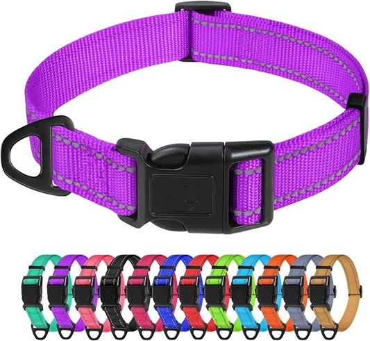 TagME Reflective Nylon Dog Collars, Adjustable Classic Pet Collar with Quick Release Buckle for Small Dogs, Purple, 5/8" Width