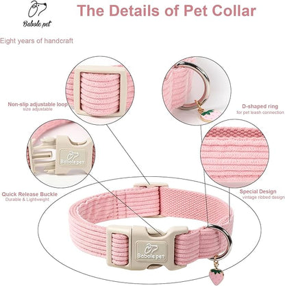 Cute Corduroy Dog Collar - Pink Adjustable Dog Collars for X-Small Dogs 4-10lbs, Fade-Proof with Secure Snap & Little Charm, Christmas Birthday Gift, XS