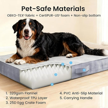 OhGeni Orthopedic Waterproof Dog Bed for Extra Large Dogs, Machine-Washable Removable Cover in Easy-Clean Fabric, High Density Foam & Easy-Carry Handle, Wider and Larger, 54 inch (Gray)