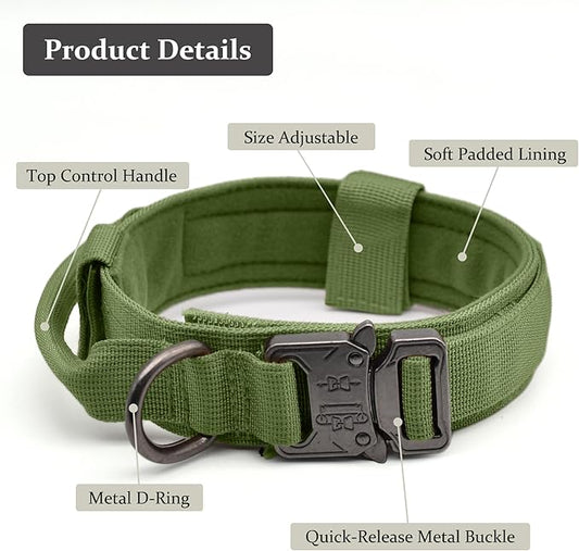 Tactical Dog Collar, Adjustable Military Training Nylon Dog Collar with Control Handle and Heavy Quick-Release Metal Buckle for Small Medium Large Dogs, Green XXL