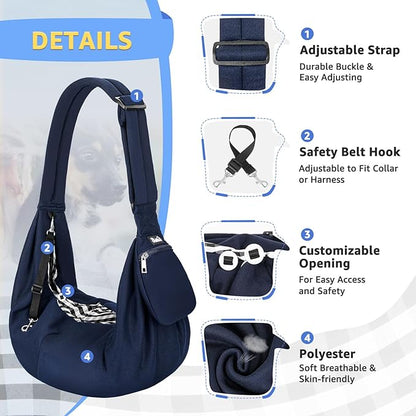 SlowTon Dog Carrier Sling - Thick Padded Shoulder Strap Adjustable Dog Carriers for Small Dogs, Puppy Carrier Purse for Pet Cat with Front Zipper Pocket Safety Belt Machine Washable (DBL, M)