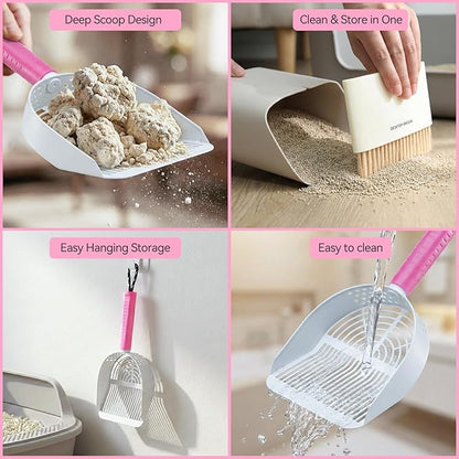 Cat Litter Scoop, Metal Scooper for Cat Box, Aluminum Alloy Sifter, Deep Shovel Poop Cleaner, Long Handle Ergonomic Grip, Rustproof Waterproof Construction, Design for Litter Box Cleaning