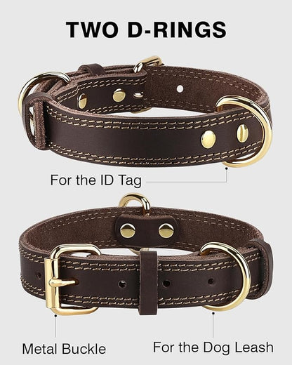 Joytale Genuine Leather Dog Collar for Large Dogs, Heavy Duty Thick Solid Leather for Power Breeds, Sturdy Adjustable Pet Collar with Metal Pin Buckle, Durable for Daily Walking, Brown, L