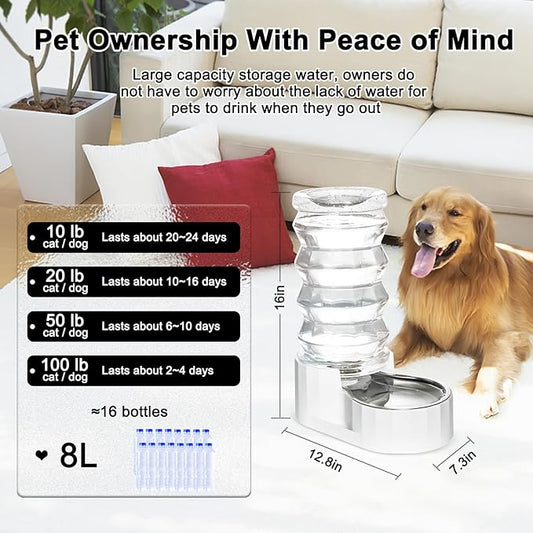 RIZZARI Gravity Dog Water Dispenser: 8L Large Auto-Refill Stainless Steel Pet Water Feeder - No-Spill BPA-Free Design for Large Dogs & Multi-Dog Homes - Everyday Indoor & Outdoor Spaces