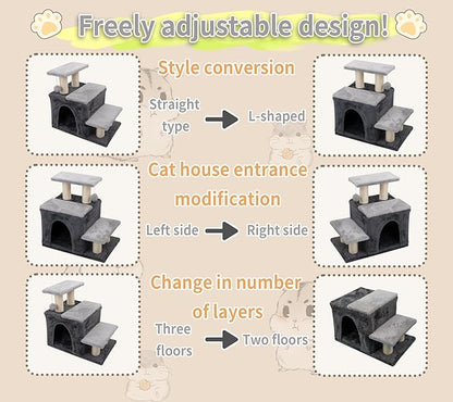 3-in-1 Pet Stairs for Cats for High Bed, Adjustable Dog Steps, Modular 3-Tier, Cushioned Steps & Big Cat Condo, Adjustable Entrance, Dangling Ball, for Kittens, Senior & Fat Cats (Beige, Large)