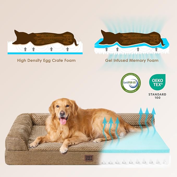 EHEYCIGA Extra Large Dog Bed Othorpedic, Memory Foam XL Dog Bed with Washable Removable Cover, Waterproof Pet Sofa Couch XLarge Size Dogs with Nonskid Bottom, 44x32x6.5, Camel
