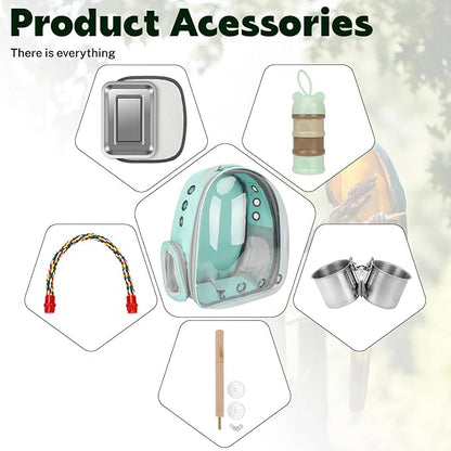 Rypet Bird Carrier Backpack Parrot Portable Breathable Bag Pet Bird Lightweight Travel Cage with Standing Perch and Stainless Steel Tray（Mint Green）
