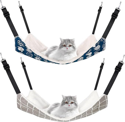 Jetec 2 Pack Cat Hammock for Cage, Catio Accessories Reversible Soft Cats Bed with Adjustable Straps and Hooks Double-Sided Linen and Fleece Hanging Hammock for Cats, Kitten(Cat and Plaid,L)