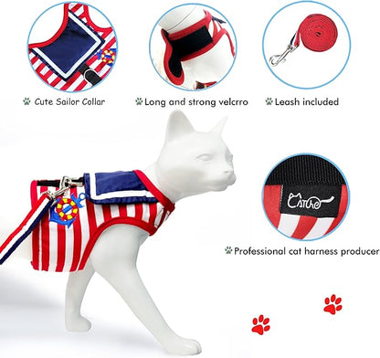 Cat Harness and Leash for Walking Escape Proof, Adjustable Cat Vest Harness, Padded Stylish Cat Walking Jackets, Sailor Suit Red, X-Small