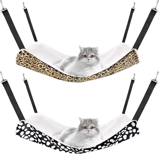 Jetec 2 Pack Cat Hammock for Cage, Catio Accessories Reversible Soft Cats Bed with Adjustable Straps and Hooks Double-Sided Linen and Fleece Hanging Hammock for Cats, Kitten(Leopard and Dot,L)