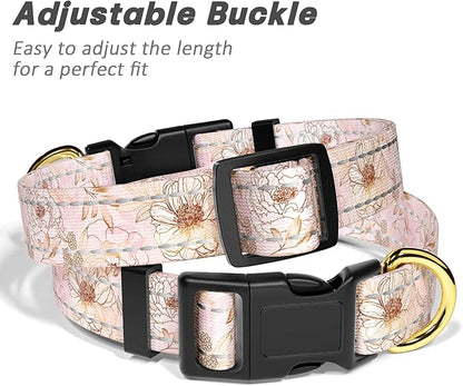 Reflective Dog Collar for Medium Dogs, Cute Flower Theme Adjustable Heavy-Duty Nylon Puppy Collar for Boy and Girl Female, Soft Pet Accessories with Quick Release Buckle, Neck 14-20", Pink