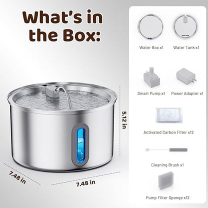 Cat Water Fountain Stainless Steel, 3.2L Cat Fountains for Drinking with Smart Quiet Pump and Water Level Window, Easy-to-Clean Automatic Pet Water Dispenser (3.2L Fountain with 12 Filters)