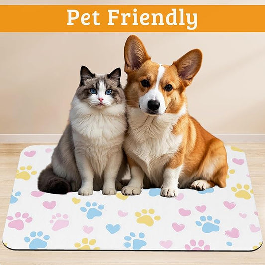 Dog Bowl Mat,Colorful Dog Paws Pet Feeding Mat for Floors Waterproof,Animal Absorbent Dogs Placemat for Food and Water Quick Dry Pet Cat Feeding Mats with Non Slip Bottom 16" x 24"