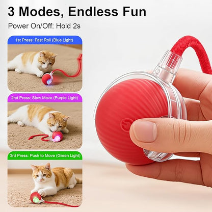 Interactive Electric Automatic Rolling Moving USB Rechargeable Self Activated Play Stimulation Toy Smart Chase Teaser Ball with Speedy Tail Rope for Bored Adult Indoor Cats and Dogs, Yellow