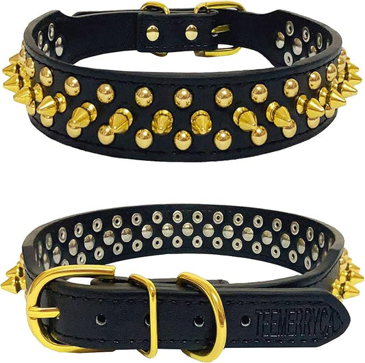 TEEMERRYCA Black Leather Dog Collar with Gold Spikes for Small Medium Large Pets, Pit Bulls/Bulldog, Keep Dog Safe from Grabbing by Huge Dogs, L(15"-18.5")