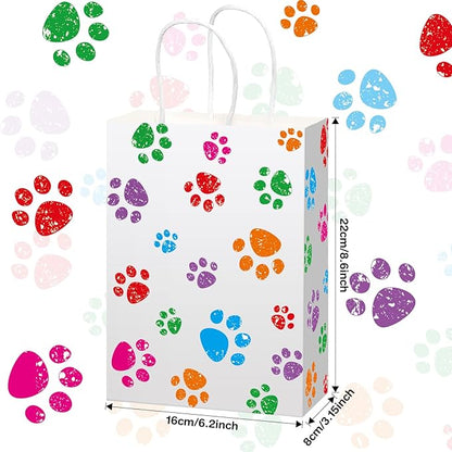 Blulu 20 Pcs Puppy Dog Paw Gift Bags with Paper Twist Handles, Dog Gift Paper Paw Treat Goodie Bags for PET Treat Party Favor, 6.3 x 3.1 x 8.6 Inch(White Backing, Colorful Paws)