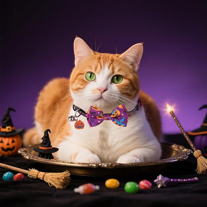 ADOGGYGO Halloween Cat Collars with Bow Bell, Orange Purple Pumpkin Bowtie, Breakaway Halloween Collars for Cats Kittens