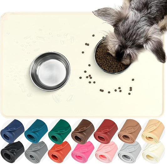 VIVAGLORY Dog Food Mat Flexmat Dog Bowl Mat, Placemat Food Tray with Raised Edges & Lip for Indoor Floor, Non Slip Waterproof Silicone Dish Placemat for Cat & Pet, L, Ivory