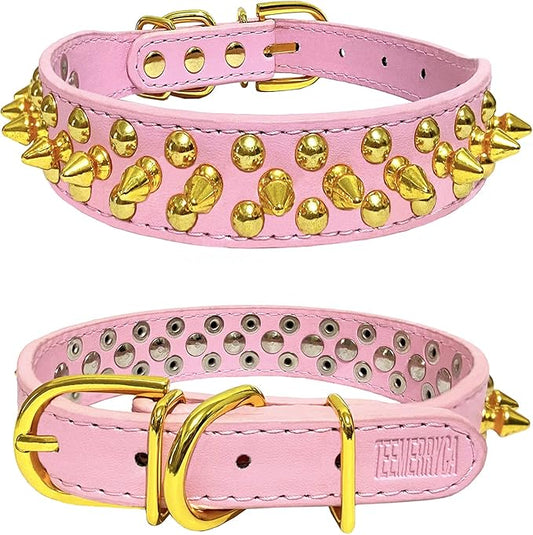 TEEMERRYCA Pink Leather Gold Spiked Studded Dog Collar for Female Puppy Small Medium Large Pets,Pit Bulls Bulldog, Keep Dog Safe from Grabbing by Huge Dogs, M(12"-15")