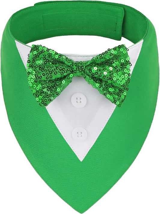 ADOGGYGO St.Patrick's Day Dog Tuxedo Bandana, Green Pet Tux Collar with Bowtie Adjustable St Patricks Costume for Medium Large Dogs Pets (L)