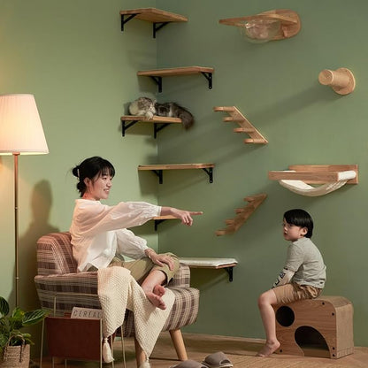 FUKUMARU Cat Wall Shelves, 17 x 10 Inch Cat Walls Furniture with Sisal Mat, Solid Rubber Wood Floating Shelf with Upgraded Installation, Kitten Wall Tree for Sleeping, Playing and Scratching