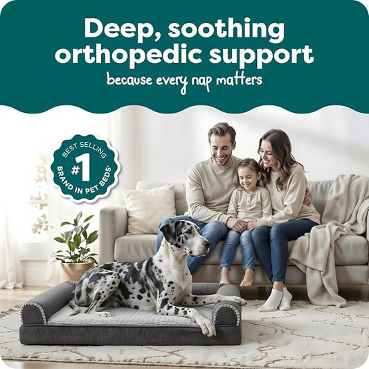FurHaven Orthopedic Dog Bed For Large Dogs, Sofa Contour Mattress with Solid Orthopedic Foam Slab for Joint Support, Removable Washable Cover, Jumbo Plus XXL, Faux Fur, Charcoal