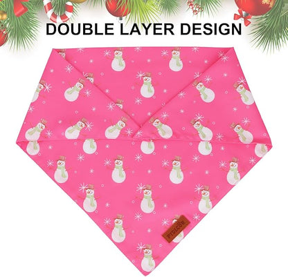 PTDECOR Christmas Dog Bandana, Santa Snowman Design Reversible Holiday Pet Scarf, Pink Triangle Fit Female Christmas Bandanas for Medium Large Dogs Pets (Large)