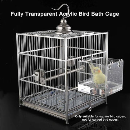 Hanging Cube Bird Bath Cage, Transparent Bird Bathtub Bath Shower with Stainless Steel Hooks for Small Bird Canary Parakeet Budgerigar Parrots Crested Myna Cockatiel Lovebird (Small)