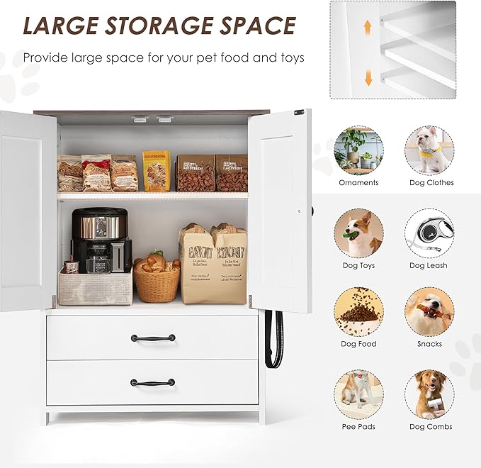 ZMAD Dog Feeding Station with Storage Cabinet and Double Door Locker with 2 Adjustable Dog Bowls, Hidden Pet Feeder Station Wood, Cat Food Storage Cabinet