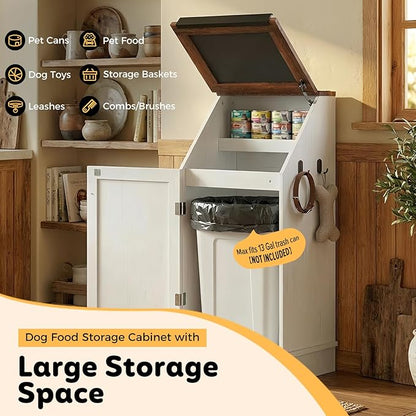 Dog Food Feeding Station with Storage, Pet Food Storage Cabinet with Bowls and Flip-Top Blackboard, Hidden Trash Can, Pet Organizer Cabinet for Dog and Cat, White