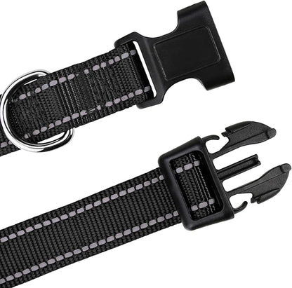 TagME Reflective Nylon Dog Collars, Adjustable Classic Pet Collar with Quick Release Buckle for Puppy, Black 3/8" Width
