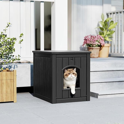 Litter Box Enclosure, Waterproof & Weatherproof Plastic Cat House for Indoor Outdoor Use, Multi-Functional Hidden Litter Box Furniture for Living Room, Backyard, Patio, Garage (Black)