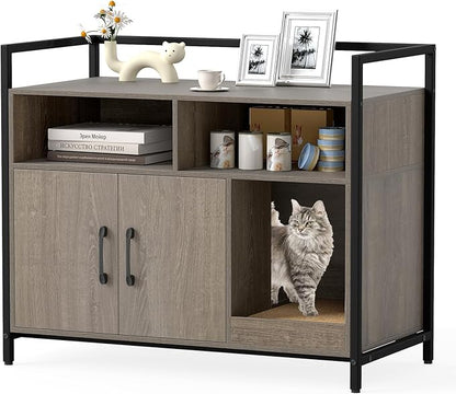Giantex Cat Litter Box Enclosure - Cat Washroom Hidden Furniture with Front Entry, Scratcher, 2-Door Storage Cabinet, 2 Compartments, Air Vents, Metal Frame, Wooden Pet Crate House (Oak Gray)