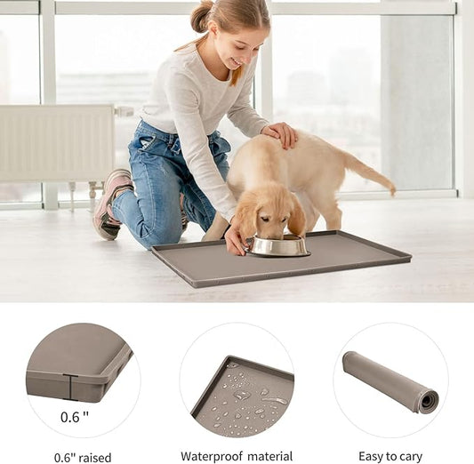 Dog Food Mat,Silicone Waterproof Food Tray,Non Slip Pet Bowl Mats Placemat,0.6" Raised Edge,Suitable for Most Small and Medium Sized Pets,18.5" x 11.5"