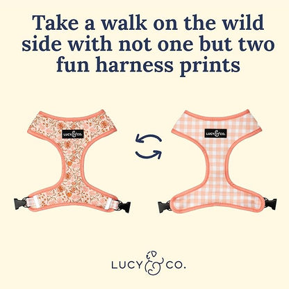 Lucy & Co. Cute Reversible Dog Harness Walking Halter - Best Designer Pet Harnesses for XS - XL Dogs - Padded Adjustable Vest for Easy Walking-Small-Peach Pink Floral Plaid