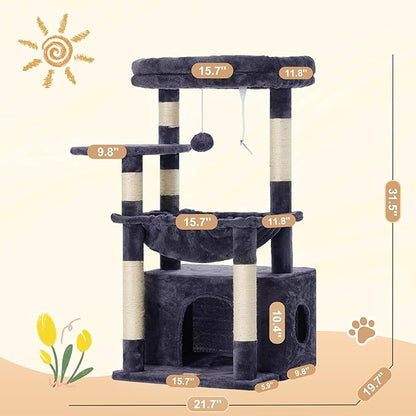 Heybly Cat Tree, Kitten Tower with Large Soft Cat Basket, Cat Condo with Spacious Cat Bed Cave with Hidden Space, Sisal-Covered Scratching Posts, Dangling Ball for Indoor Cats, Smoky Gray HCT008SG
