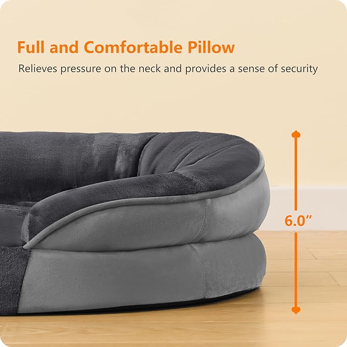 Dwanton Orthopedic Dog Bed for Medium Dogs with Gel Memory Foam, Waterproof Dog Sofa, Washable Pet Bed with Four Sided Bolster Cushion, Removable Cover & Non-Slip Bottom, 35", Dark Gray
