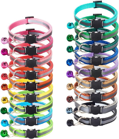 18Pcs Reflective Cat ID Collars with Bell Adjustable 19-32cm, Soft Nylon Adjustable Breakaway Identification Collars for Puppy Kittens