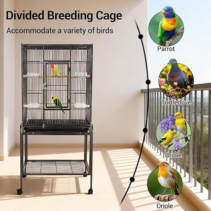 53 Inch Bird Cage with Wooden Perches, Standing Wrought Iron Birdcage with Wheels, Large Parrot Cage Bird Cages with Slide-Out Tray Water Bottle Feeder for Parakeets,Cockatiel, Canary,Pigeons