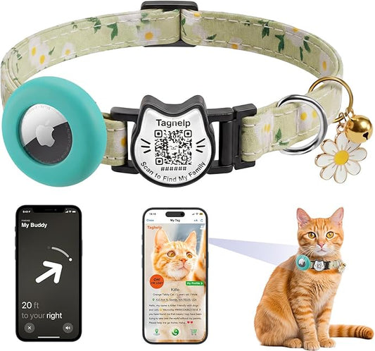 Cute Floral Breakaway Cat Collar with QR Code ID, Lightweight Cotton Safety Collar with Bell & AirTag Holder for Kittens and Cats,Pastoral Style with airtag Holder(Green)