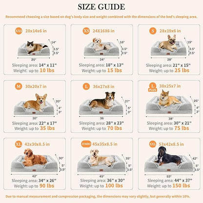 Comfort Expression Orthopedic Dog Bed for Large Dogs 38x25 Inch, Waterproof Egg Crate Foam Large Pet Bed with Removable Bolsters, Dog Couch with Washable Cover & Non-Slip Bottom, Grey White